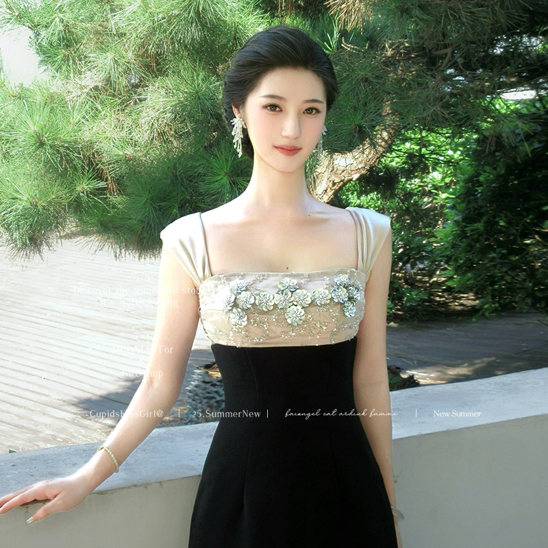 Strappy Dress for Women, Light Luxury, Socialite Style, Birthday Dress, Heavy Beading, Satin, Strong Twist, Contrasting Color Long Dress