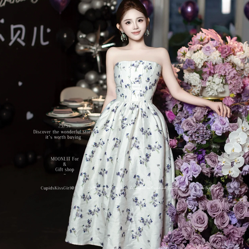 In Stock! Strapless Dress with a Classy Ladylike Vibe, Birthday Gown with Lace Accents, Pure and Sexy Floral Dress with Fishbone Design