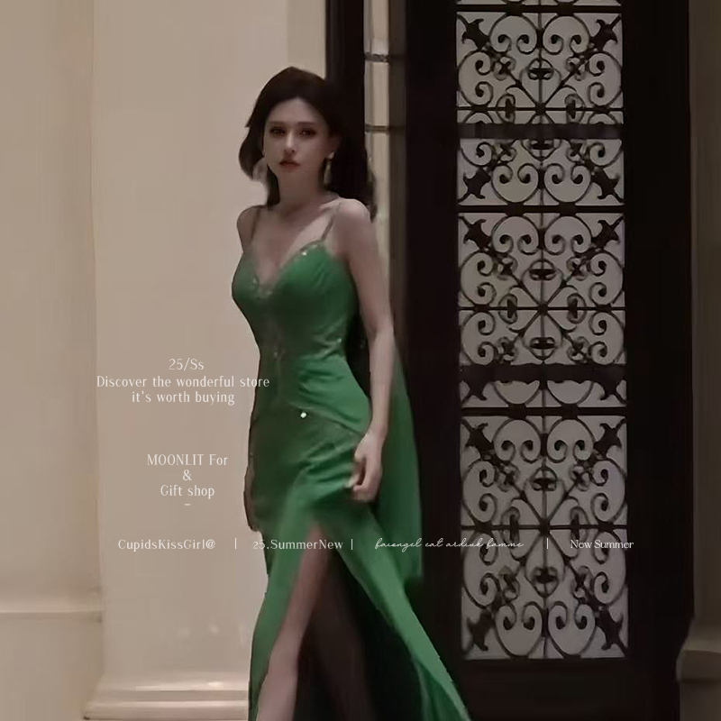 Strappy Dress for Women, High-End Luxury, Socialite Style, Birthday Dinner Dress, Heavy-Duty Rhinestone Embellishment, Ribbon, Waist-Cinching, Slit Long Dress Strappy Dress for Women, High-End Luxury, Socialite Style, Birthday Dinner Dress, Heavy-Duty Rhinestone Embellishment, Ribbon, Waist-Cinching, Slit Long Dress