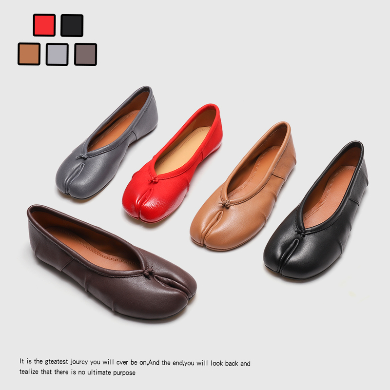 [Imported Top-Layer Sheepskin] Tabi Pleated Split-Toe Shoes, Genuine Leather Shallow Mouth Horseshoe Shoes, Comfortable Flat Ballet Shoes