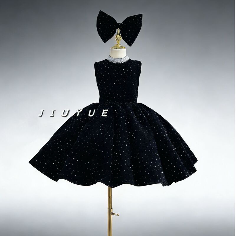 【Black Fairy Tale Sleeveless】French-Style Full Diamond Sparkling Gown for Piano Performances, Birthday Short Children's Dress