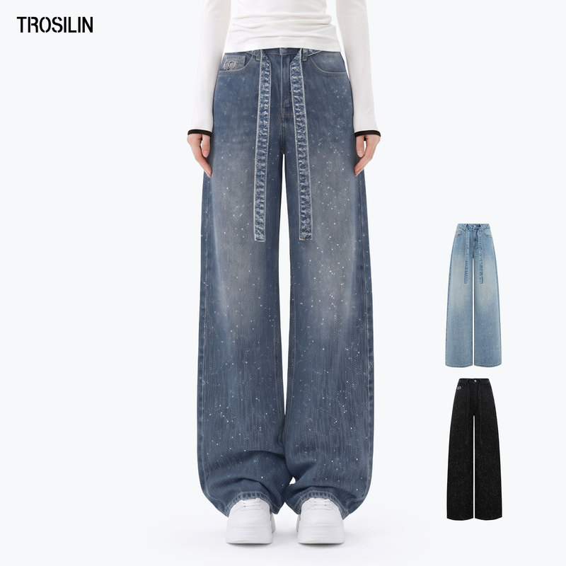 【Same Style as Zeng Peici】Trosilin Star-Studded Rhinestone Jeans for Women, Designer Straight-Leg Wide-Leg Pants