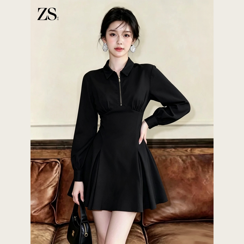 Zs French-Style Sophisticated Black Long-Sleeve Waist-Cinching Shirt Dress 2026 Autumn New Women's Dress