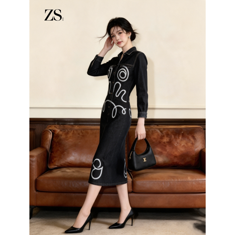 2026 High-Quality Elegant and Stunning Waist-Cinching Mature Style Black Line Long-Sleeve Denim Dress for Women in Autumn