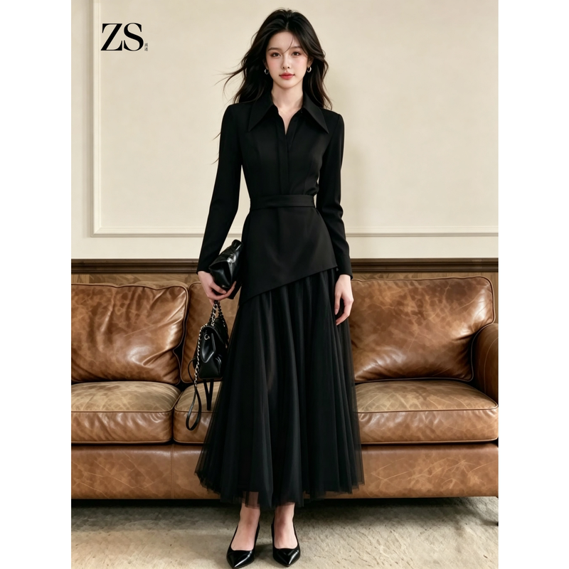 Gentle and Understated Hepburn-Style Long Dress with French Chic, Black Patchwork Mesh Shirt Dress for Women in Autumn Gentle and Understated Hepburn-Style Long Dress with French Chic, Black Patchwork Mesh Shirt Dress for Women in Autumn