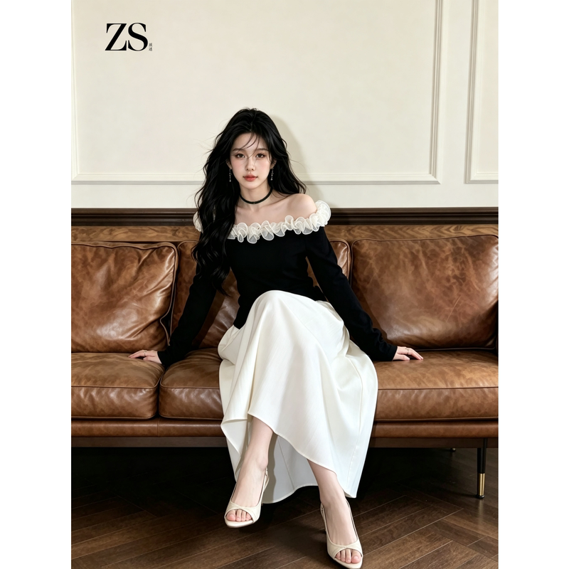 French-Style Off-The-Shoulder Dress with Black and White Patchwork, Long Sleeves, Ruffles, and a Slimming Effect for a Sophisticated Look in Autumn French-Style Off-The-Shoulder Dress with Black and White Patchwork, Long Sleeves, Ruffles, and a Slimming Effect for a Sophisticated Look in Autumn