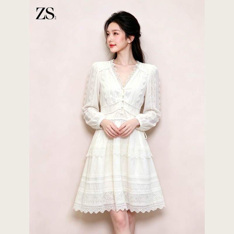 Zs French-Style White Moonlight Dress, Early Autumn White Lace Patchwork V-Neck Long-Sleeve High-Quality Dress for Women Zs French-Style White Moonlight Dress, Early Autumn White Lace Patchwork V-Neck Long-Sleeve High-Quality Dress for Women