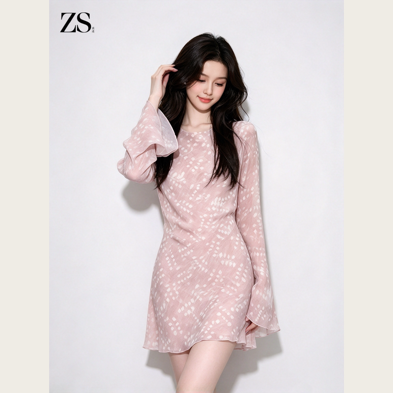[in Stock] Early Autumn Exquisite Unique Chanel-Style Short Dress with Cinched Waist, Pink Floral Print, Backless Long Sleeve Dress for Women
