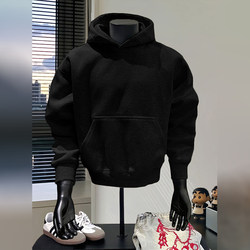 American-Style Heavyweight Black Sweatshirt for Men, 2025 New Autumn and Winter Fleece-Lined Thickened Base Hoodie Jacket for Men