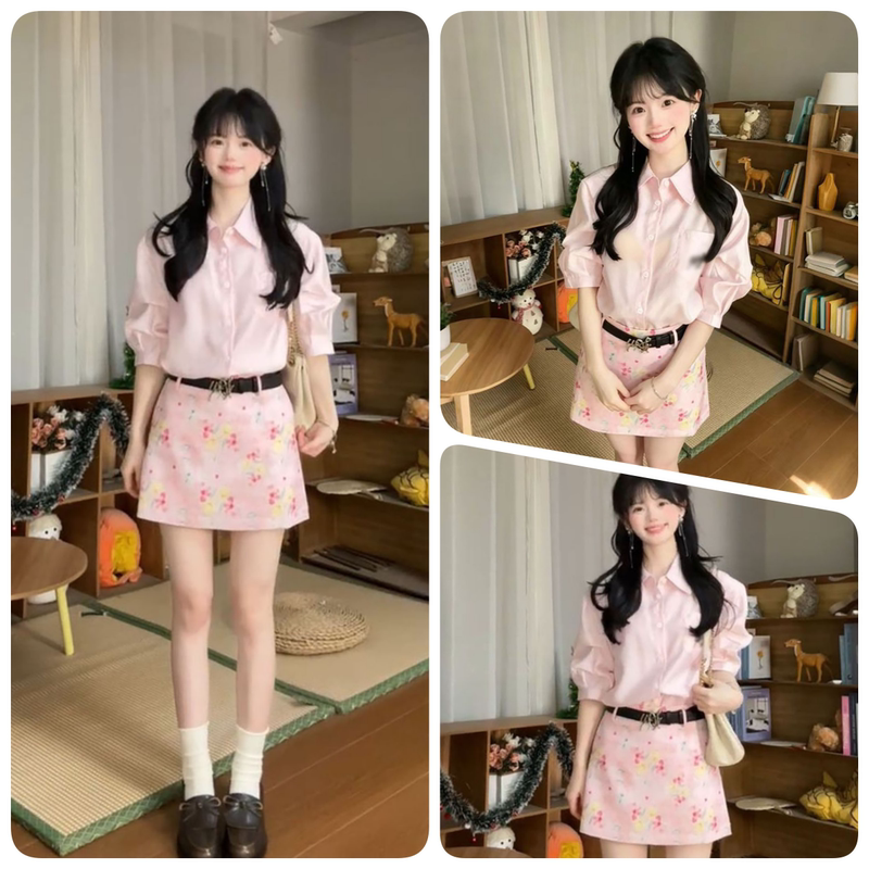 New Style Gentle and Sweet Age-Reducing Pink Polo Collar Shirt Paired with Oil Painting Floral Short Skirt Two-Piece Set