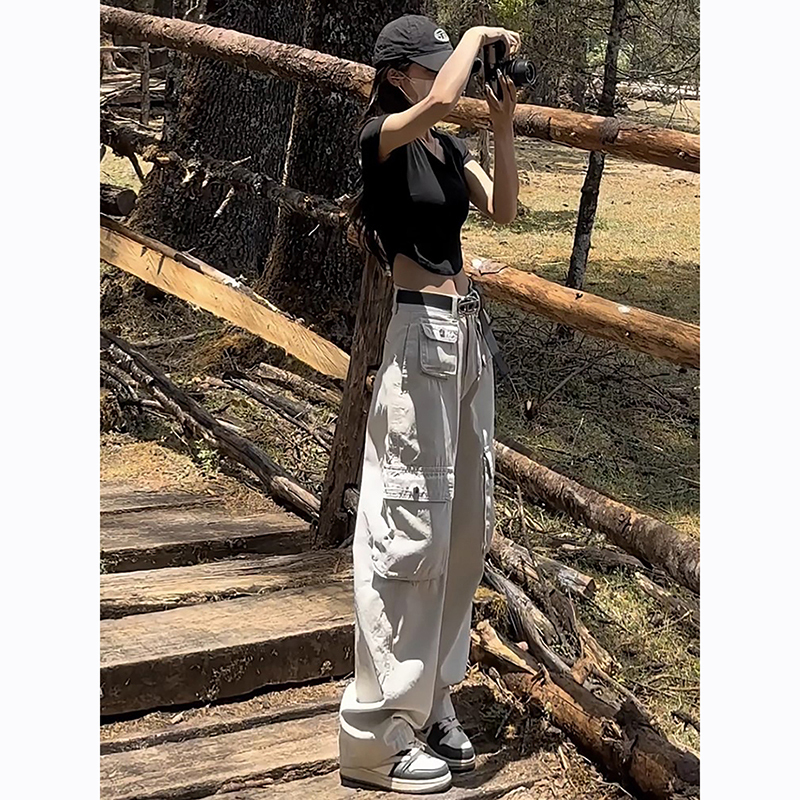 Korean Uamtor American-Style White Cargo Pants for Women, New Spring and Autumn Vintage Slim-Fit Casual Hiking Pants for Petite Figures Korean Uamtor American-Style White Cargo Pants for Women, New Spring and Autumn Vintage Slim-Fit Casual Hiking Pants for Petite Figures