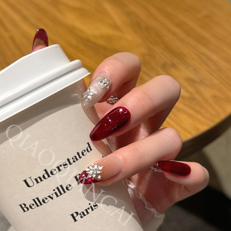【Frost and Snow】Qiaoqiancai Handmade Wearable Nails New Year Red Cat's Eye Snowflake Rhinestone Nail Art Stickers