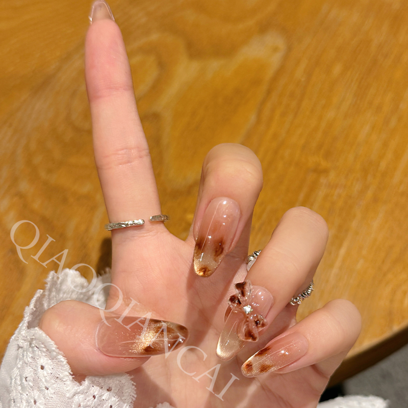 【Maple Sugar】Qiao Xiancai Handmade Wearable Nails Amber Leopard Print Cat Eye Gentle Autumn and Winter Simple Nail Art Stickers