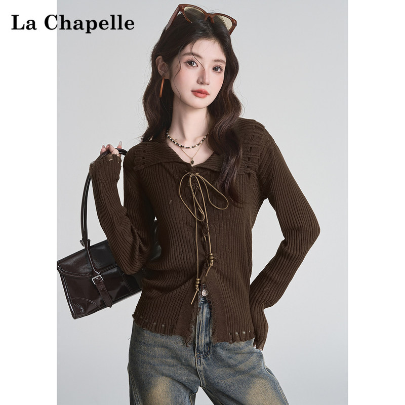 La Chapelle Melard Coffee-Colored Sweater Long-Sleeve Tie-Up Knit Cardigan for Women Early Autumn Inner Layer Top La Chapelle Melard Coffee-Colored Sweater Long-Sleeve Tie-Up Knit Cardigan for Women Early Autumn Inner Layer Top