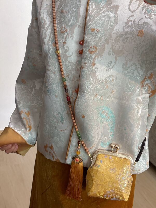 Chinese-Style Elegant Yellow Embroidered Crossbody Long Chain Coin Purse Hanfu New Chinese-Style Necklace Accessory Pattern Mobile Phone Bag for Women