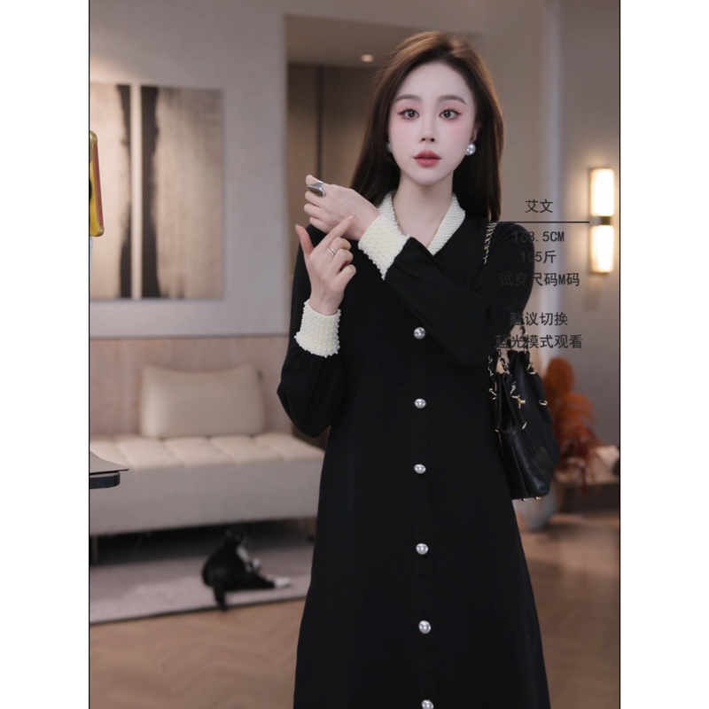Aiwenwen Iris Hepburn Style Wool Dress for Women, Autumn Color-Blocking Small V-Neck Black Dress