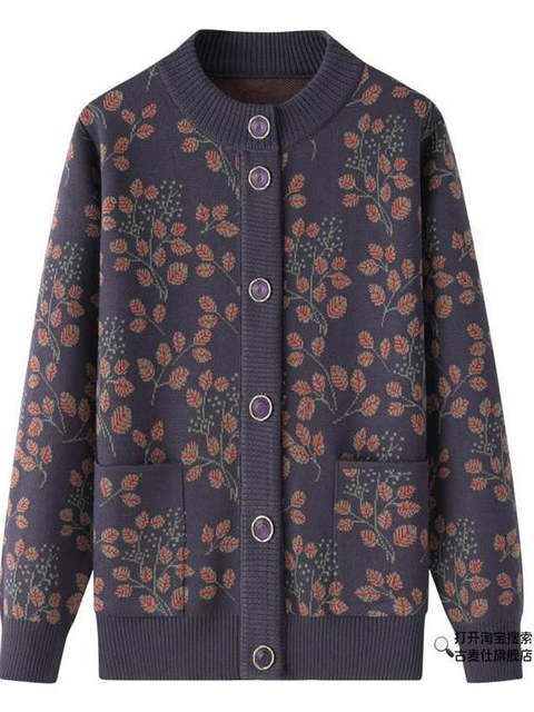 Middle-aged and elderly spring and autumn mother's coat grandma sweater women's velvet sweater cardigan autumn and winter warm elderly clothes