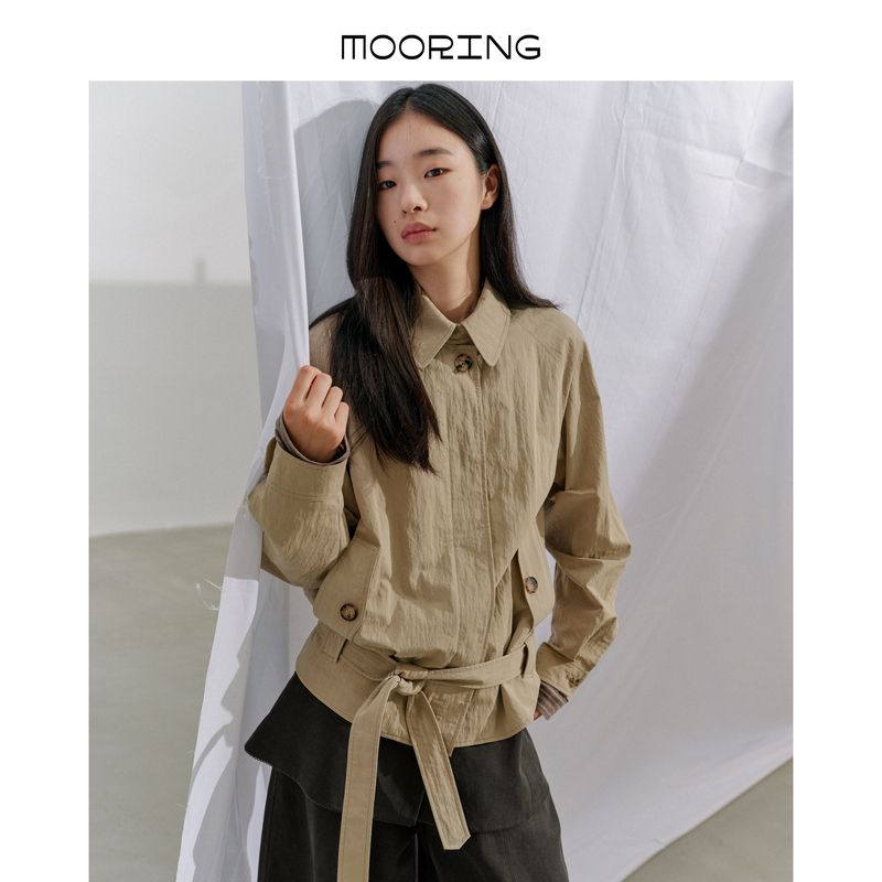 Mooring 26 Autumn Workwear Short Windbreaker Jacket with Detachable Streamers, Raglan Collar, Short Coat for Petite Figures