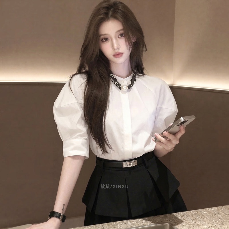 2026 Summer New French Retro Puff Sleeve White Shirt for Women with Scarf Collar, Slimming and Elegant Top