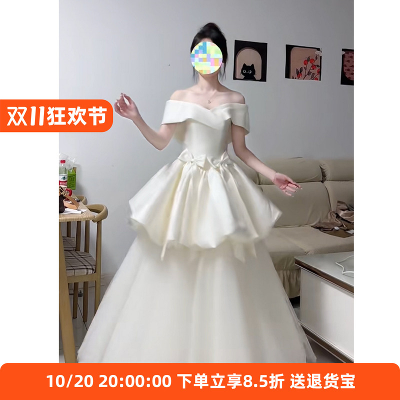 French-Style Off-Shoulder Light Wedding Dress, White Satin Bridal Gown, Engagement Evening Dress, Art Exam Adult Ceremony Princess Dress French-Style Off-Shoulder Light Wedding Dress, White Satin Bridal Gown, Engagement Evening Dress, Art Exam Adult Ceremony Princess Dress