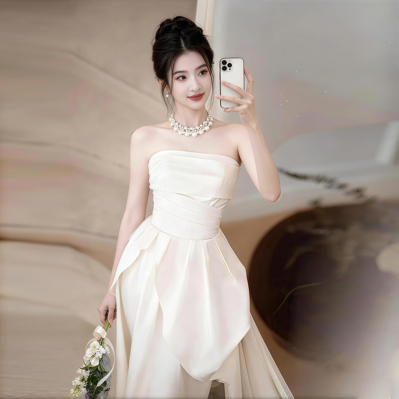 Engagement Dress 2026 New Style Strapless Bridal Robe for Petite Women, White Dress for Marriage Registration, Satin Light Wedding Dress Engagement Dress 2026 New Style Strapless Bridal Robe for Petite Women, White Dress for Marriage Registration, Satin Light Wedding Dress
