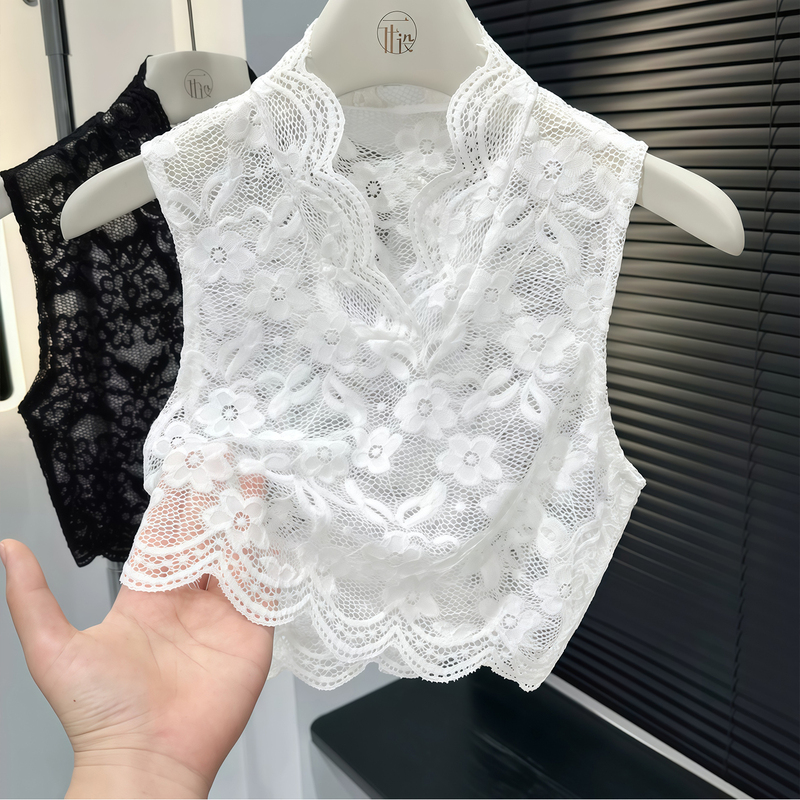 Hollow Lace Shirt with Fake Collar, Versatile Women's High-End 2026 Spring and Autumn New Style, Wavy Edge Sleeveless Vest Base Shirt