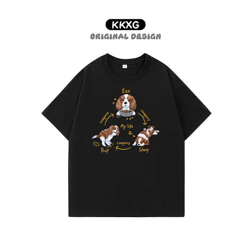 【Three Points in a Line·King Charles】280G Heavy Cotton T-Shirt, Unisex, Hand-Drawn Puppy Short Sleeves