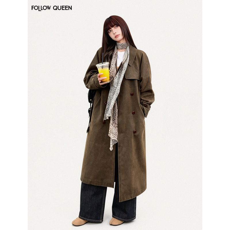 Followqueen Autumn Film Style Super Stylish Retro Faded Washed Leather Trench Coat Women's Casual Autumn Jacket