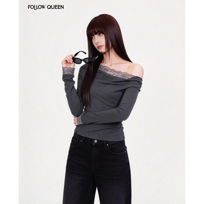 Followqueen Super Stylish Pure Desire Deep Gray Lace-Trimmed Top for Women Autumn High-End Long-Sleeve Followqueen Super Stylish Pure Desire Deep Gray Lace-Trimmed Top for Women Autumn High-End Long-Sleeve