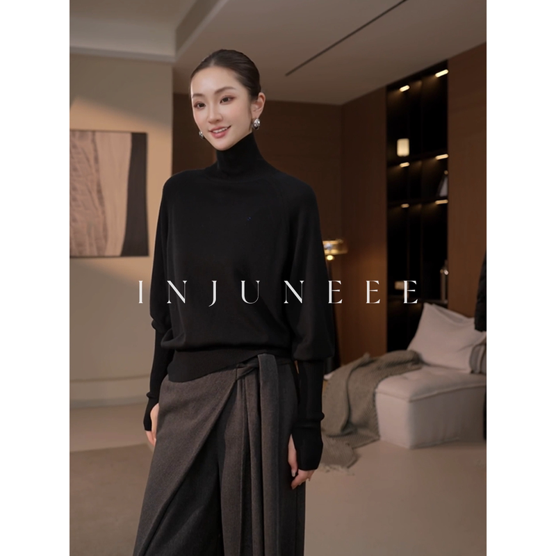 Liu Jiujiu Injuneee Wantaing Black Turtleneck Knit Sweater for Women, Lazy and Slow Style Wool Sweater, Base Layer Sweater Liu Jiujiu Injuneee Wantaing Black Turtleneck Knit Sweater for Women, Lazy and Slow Style Wool Sweater, Base Layer Sweater