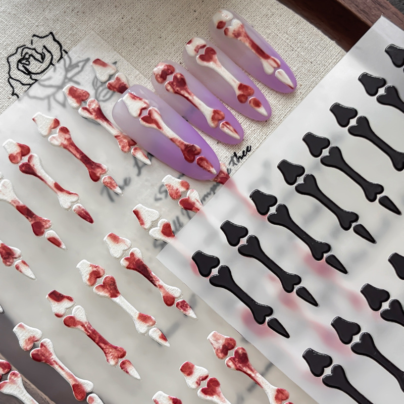2026 Halloween Sweet and Cool Style Embossed Skeleton Nail Stickers with Gold Foil, Dark Black Wearable Nail Art Stickers