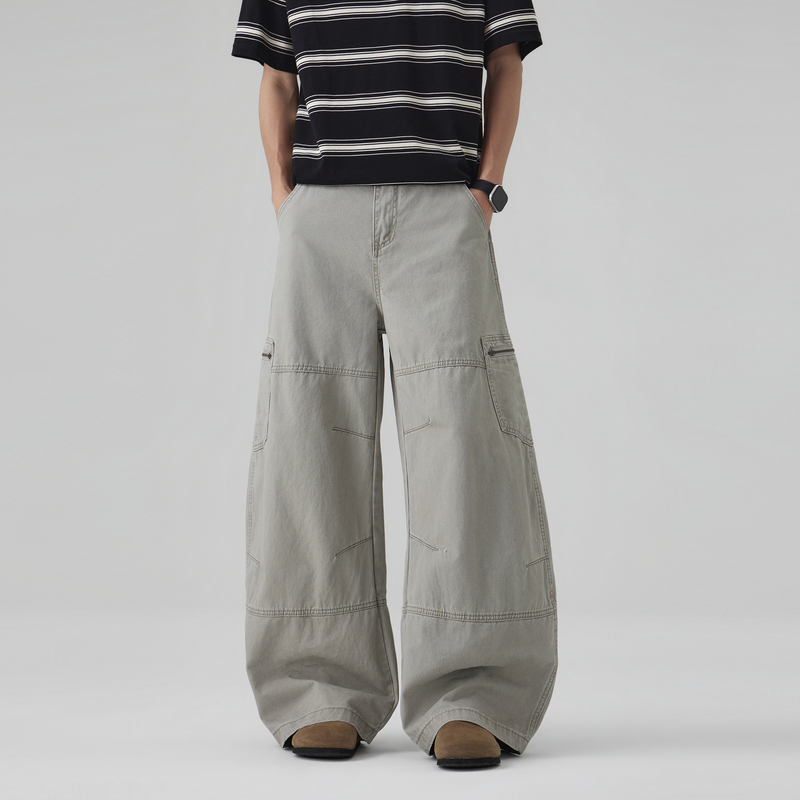 Vligge Retro Washed Light Gray Stone Work Pants with Zipper Pockets and Pleated Design, Scimitar Casual Pants