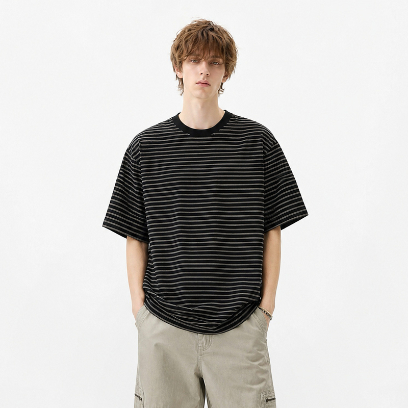 Vligge American Retro Round Neck Heavy Striped Color-Block Five-Quarter Sleeve T-Shirt 2026 New Loose Casual Top