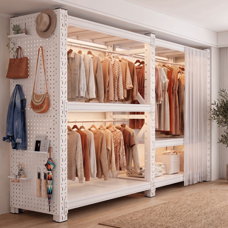 Floor-Standing Shelf with Dustproof Curtain, Storage Rack for Home Bedroom, Simple Wardrobe, Open-Style Coat Rack, Cabinet Combination, Clothes Hanger