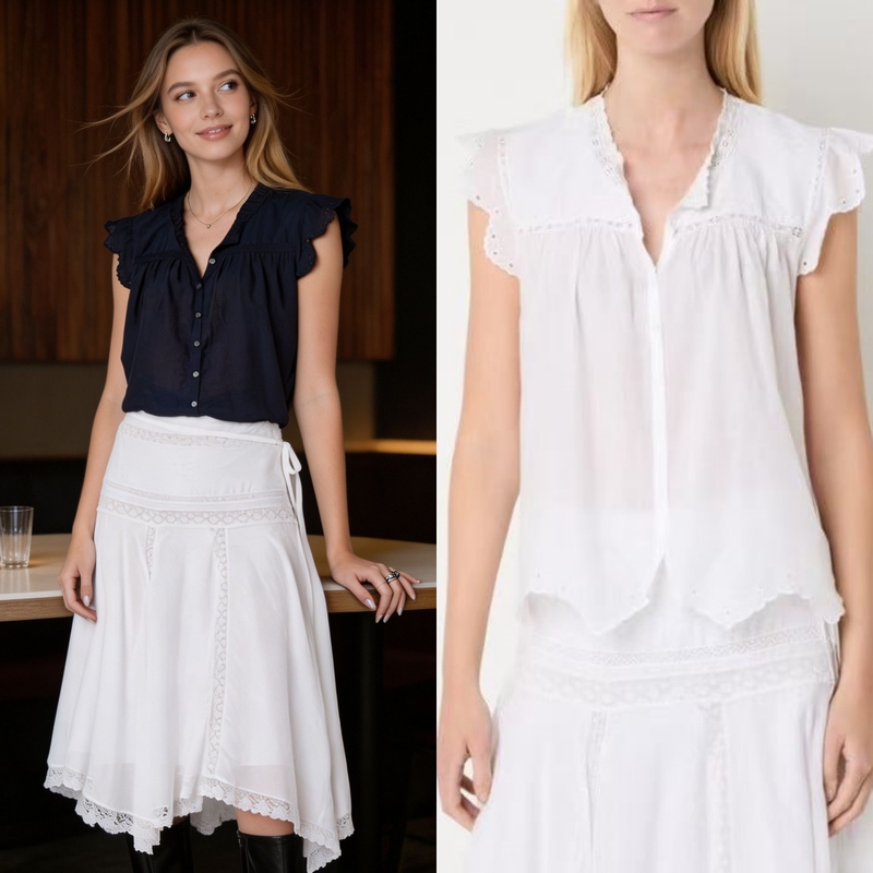 Z~V Customer-Supplied 100% Cotton Two-Color Lace Hollow Embroidery Trim Short-Sleeve Blouse with Small Flutter Sleeves