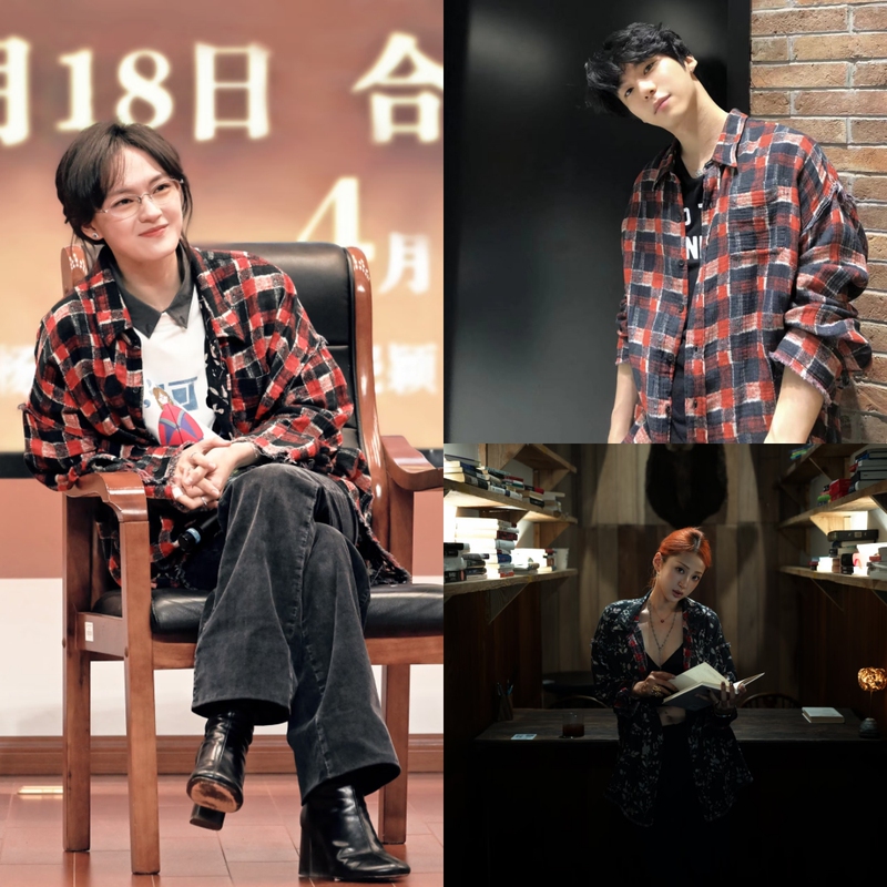 R~I3 Celebrity Style 100% Cotton Distressed Frayed Edge Reversible Vintage Red and Black Plaid/Black Floral Shirt