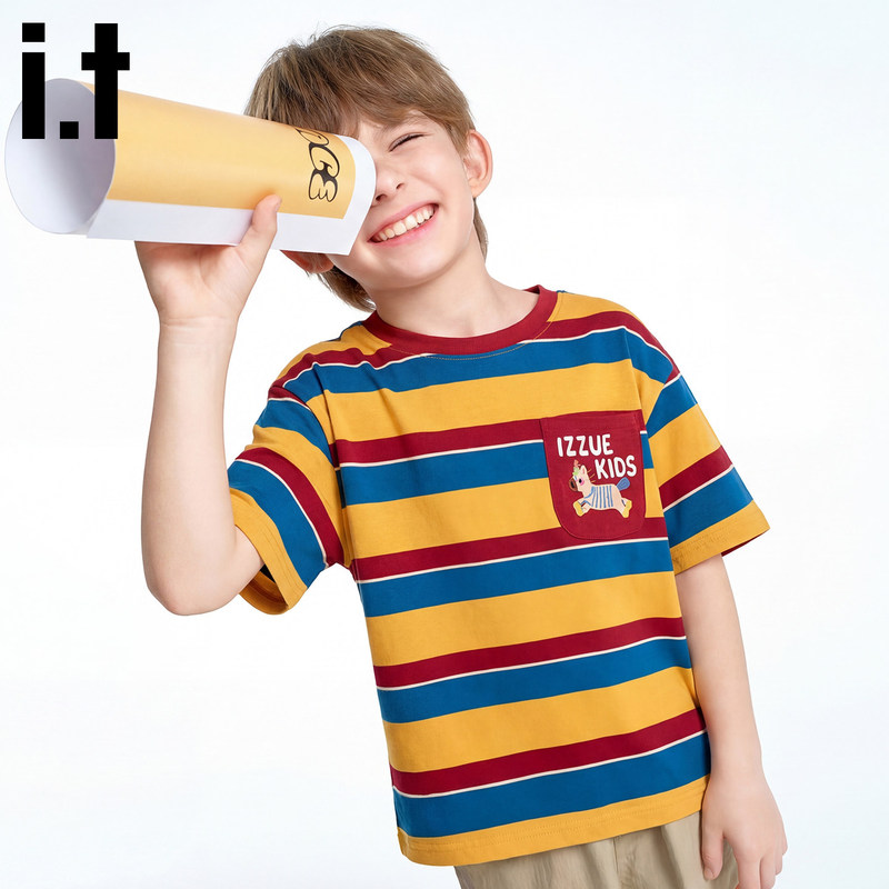 It Izzue Children's Clothing Round Neck Kidsren's Short-Sleeved T-Shirt Spring and Summer 2026 New Style Boys' Casual Stripesd Clothes