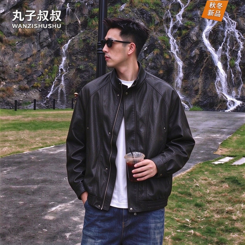 Autumn New Men's Leather Jacket with Stand Collar, Pu Leather Coat, Loose Fit, Slimming, Versatile Trendy Top Hhr2627