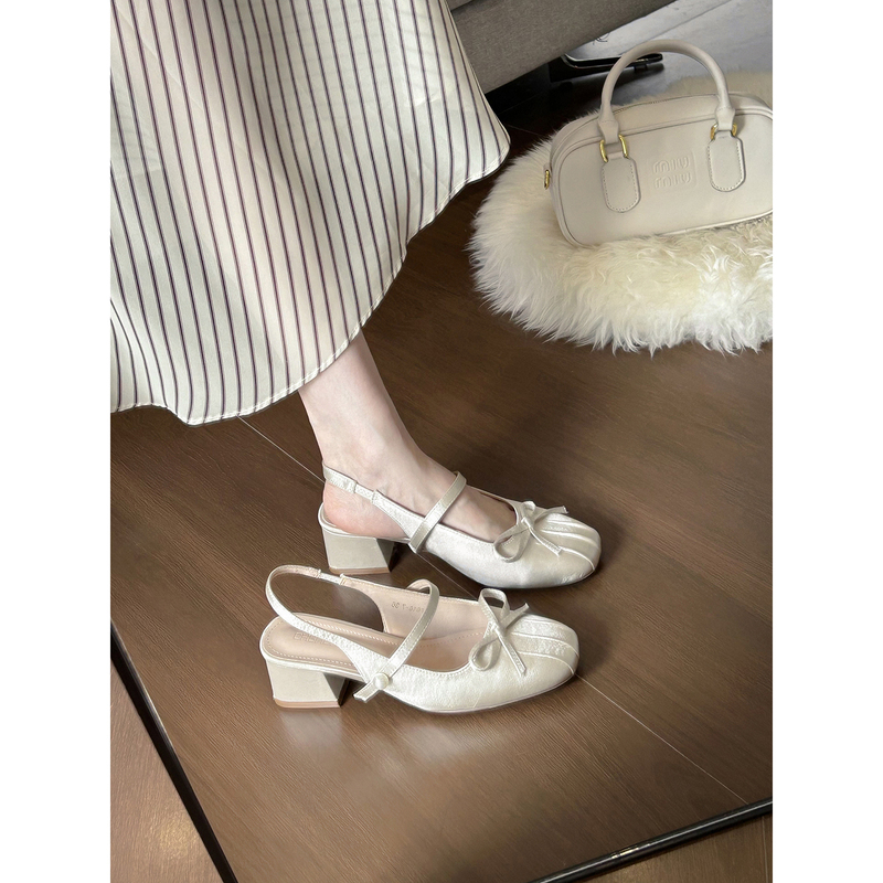 Sheepskin Version ~ French-Style Gentle Bow Round-Toe Closed-Toe Sandals for Women, Versatile with Skirts, Suitable for Commuting, Open-Back Chunky Heel Shoes
