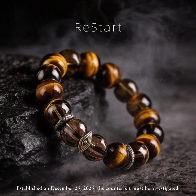 Natural Yellow Tiger Eye Stone Bracelet with Pure Silver Eye of Horus Ice Crystal Beads, Men's Gift Jewelry, Unique Fortune Beads