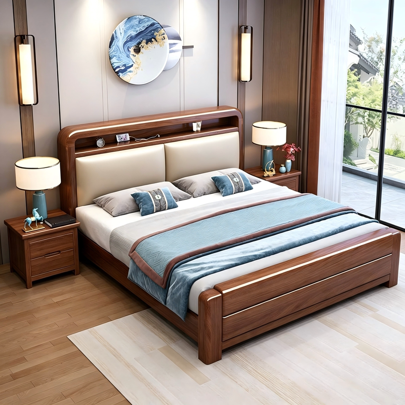 Walnut Solid Wood Bed for Home Use, Thickened Bedroom Large Bed, 1.8m Double Bed, Modern Minimalist Style, 1.5m Storage Bed, New Model