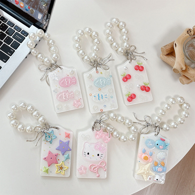 Epoxy glitter pink Hello Kitty school meal card holder pearl chain cartoon fish ocean access card ID card holder