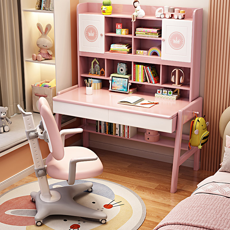 All solid wood children's study table and chair set desk bookcase integrated primary school student junior high school student writing desk bookshelf combination