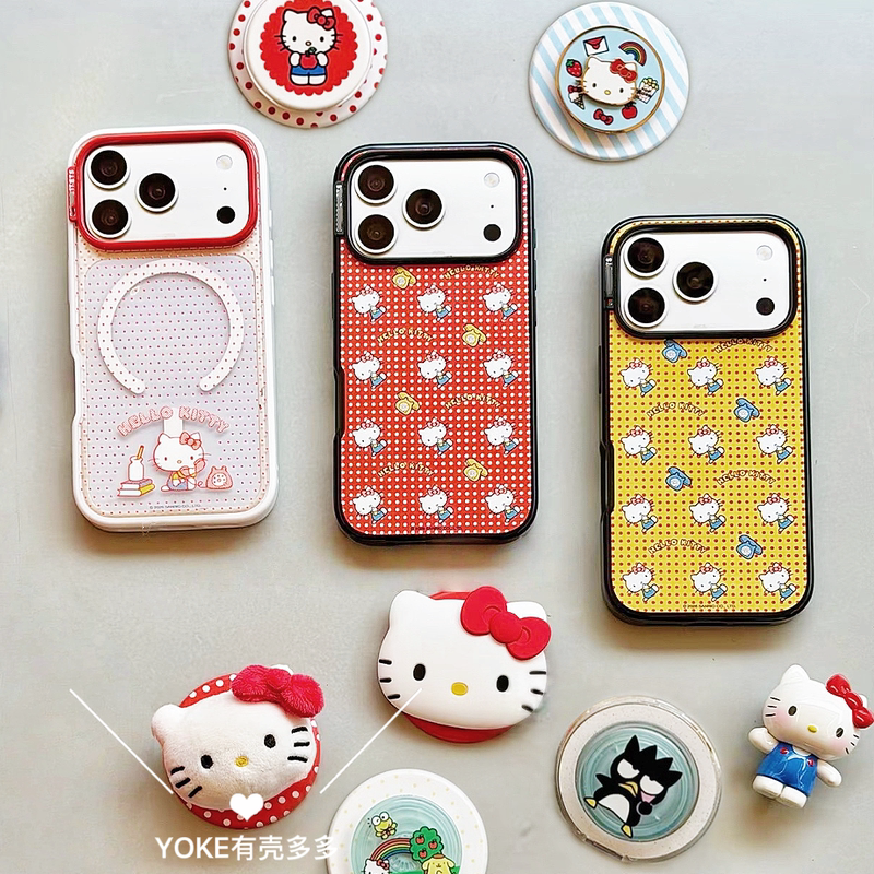 Jin Sui's Same Style Popsockets Phone Case Kt and Friends 17Pm Polka Dot Hello Kitty Call Stripe Suitable for Apple 16Promax/15Plus/14 Anti-Drop Protective Case Stand for Women