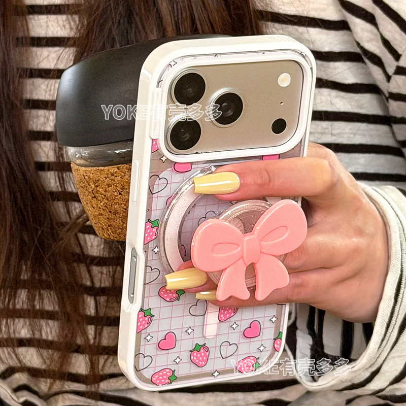 Strawberry Party Popsockets Strong Magnetic High-End Phone Case with Bow Stand, Same Style as Xi Mengyao, Dessert Floating Design, Suitable for Apple 16Pm/15Plus/1413, Anti-Drop Protective Case Strawberry Party Popsockets Strong Magnetic High-End Phone Case with Bow Stand, Same Style as Xi Mengyao, Dessert Floating Design, Suitable for Apple 16Pm/15Plus/1413, Anti-Drop Protective Case
