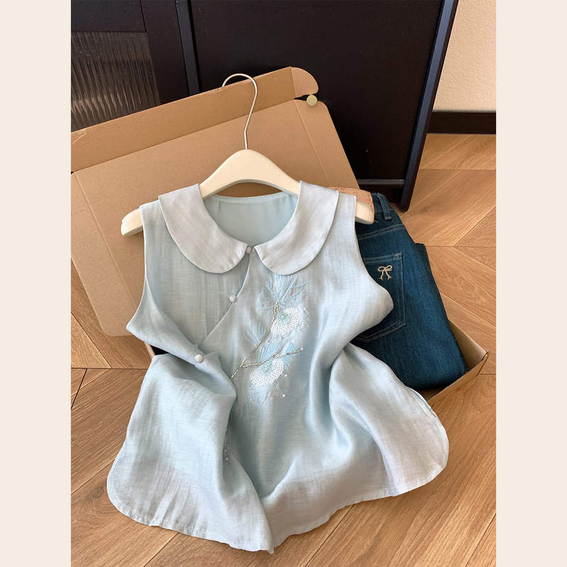 Kiss Allow New Chinese Style Blue Doll Collar Heavy Embroidery Sequin Sleeveless Shirt for Women Summer Design Top Kiss Allow New Chinese Style Blue Doll Collar Heavy Embroidery Sequin Sleeveless Shirt for Women Summer Design Top