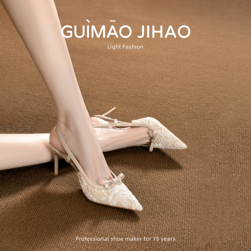 Rose Cat Mark Lace Hollow High Heels Women's Pointed Toe Bow Strap Sandals with Skirt, Thin Heel Sandals That Are Comfortable and Not Tiring for the Feet
