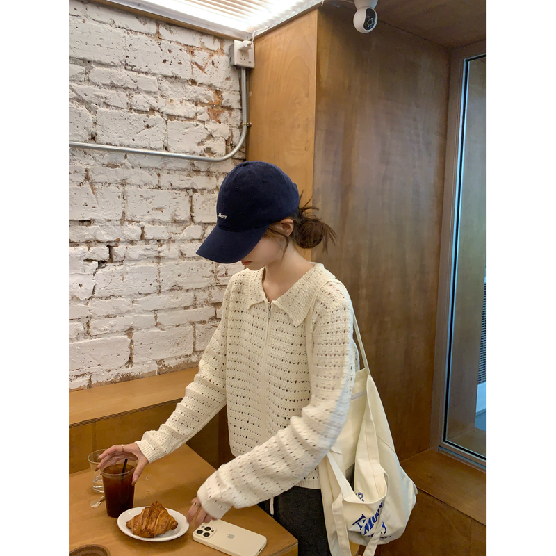 【C·Cai】Korean Style Simple Hollow-Out Lapel Double-Zipper Cardigan 3678 # Lazy, Loose-Fitting, Versatile Long Sleeves 【C·Cai】Korean Style Simple Hollow-Out Lapel Double-Zipper Cardigan 3678 # Lazy, Loose-Fitting, Versatile Long Sleeves