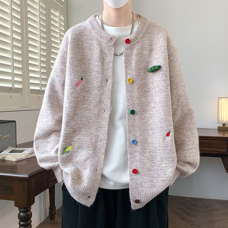 Casual Style Knitted Cardigan Jacket for Men, Spring and Autumn Trendy Design with Vegetable Embroidery, Men's Sweater Jacket Casual Style Knitted Cardigan Jacket for Men, Spring and Autumn Trendy Design with Vegetable Embroidery, Men's Sweater Jacket