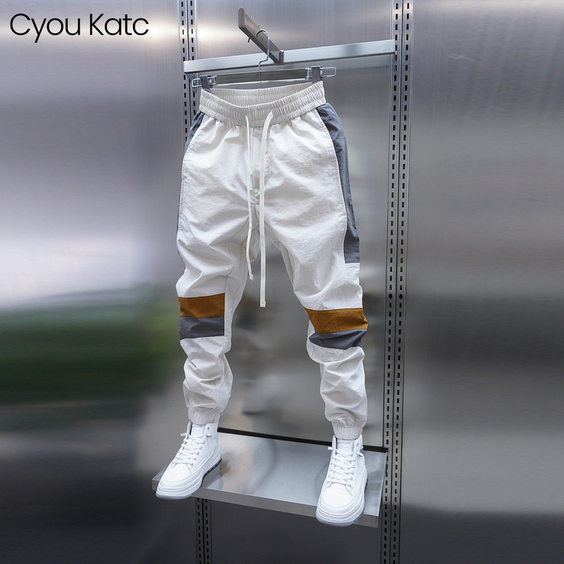 High-End Men's Color-Blocked Jogger Casual Pants, Summer Thin Elastic Waist Patchwork Slim-Fit Pants, Fashionable Harem Pants for Men